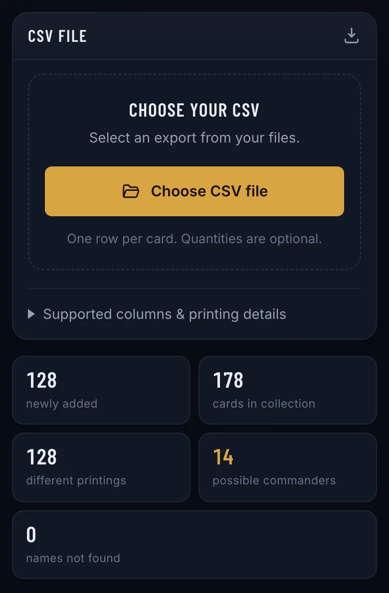 Commandarium import screen after a ManaBox CSV: 128 newly added, 178 cards in collection, 128 different printings, 14 possible commanders, 0 names not found