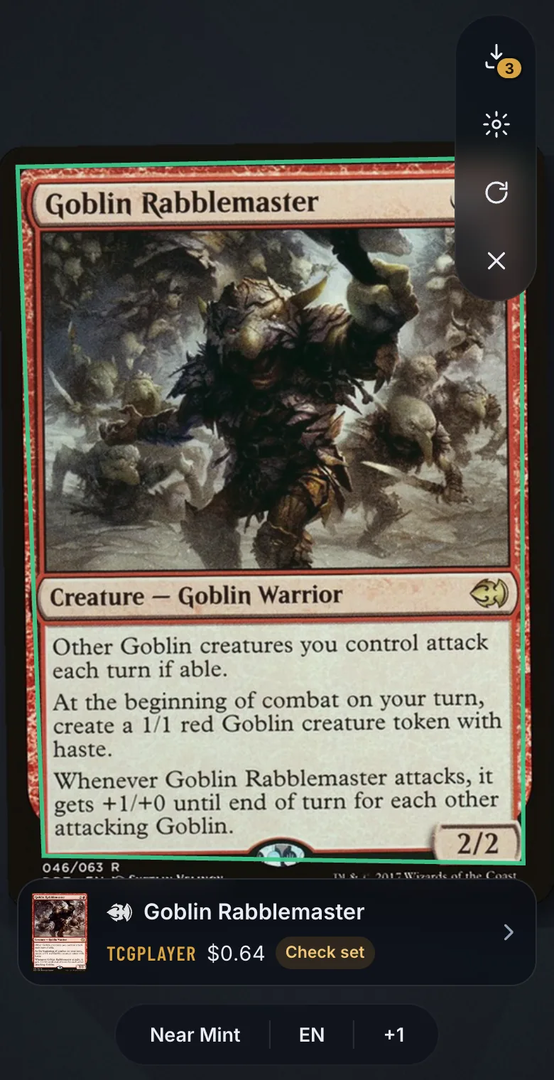 The Commandarium scanner on a phone, outlining a Goblin Rabblemaster card and showing its name, set and price