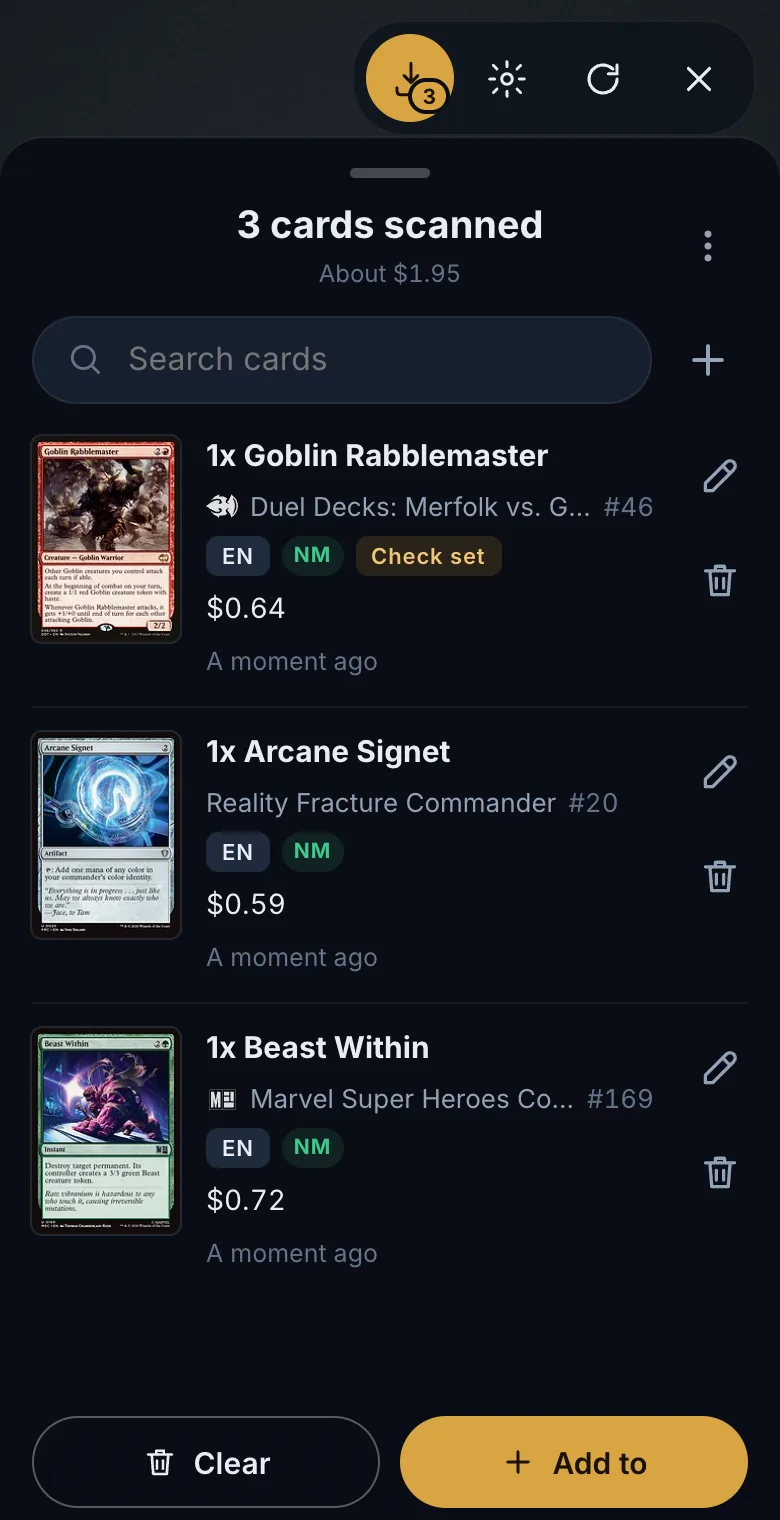 The stack of three scanned cards in Commandarium, each with set, collector number, language, condition and price; Goblin Rabblemaster is marked Check set